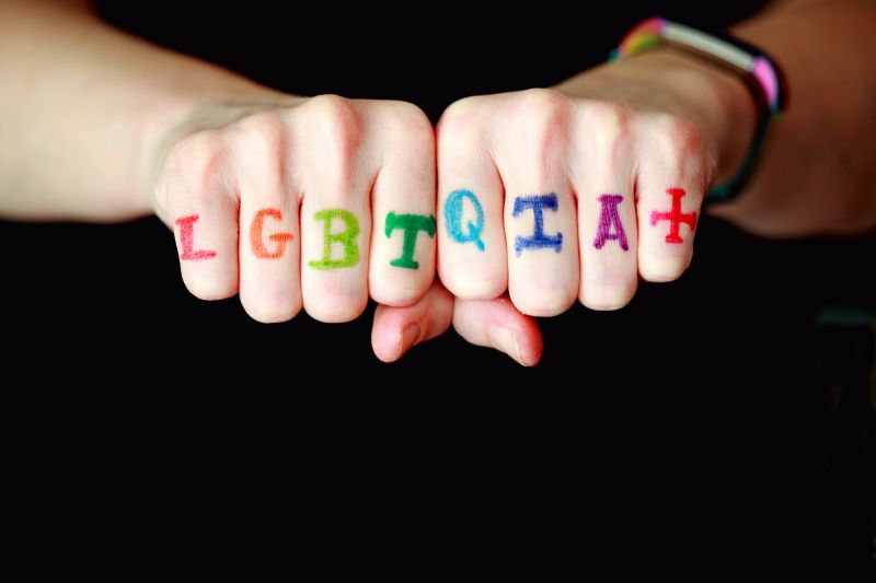 Knuckles with LGBTQIA+ written across each finger in rainbow letters empowering individuals to seek affirming therapy