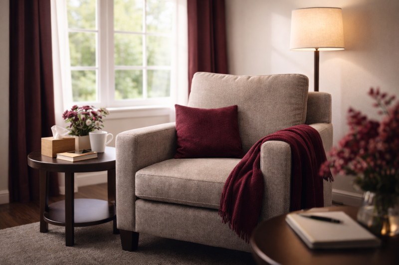 A welcoming chair and natural light offer a safe and reflective space at Brickel & associates in Old Town Alexandria, VA