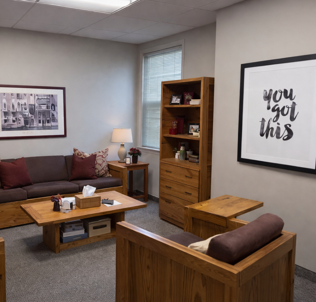 Office with cozy seating a natural light offers new clients a place to safety begin therapy.