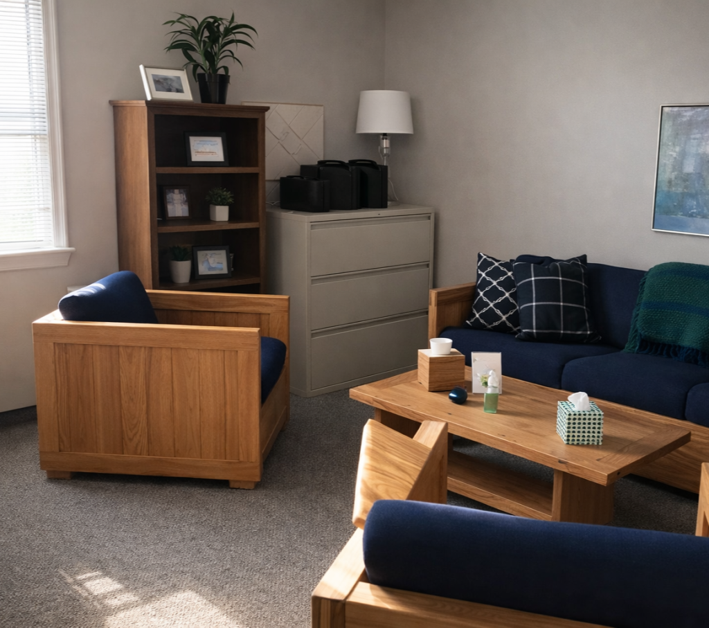 A comfortable corner therapy office allows for a safe space to work through trauma at Brickel & Associates