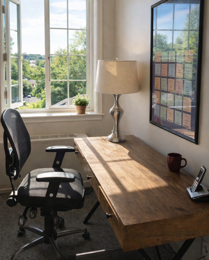 Desk sits next to an open window at Brickel & Associates offering clients assurance that their rights are protected with the upmost care.