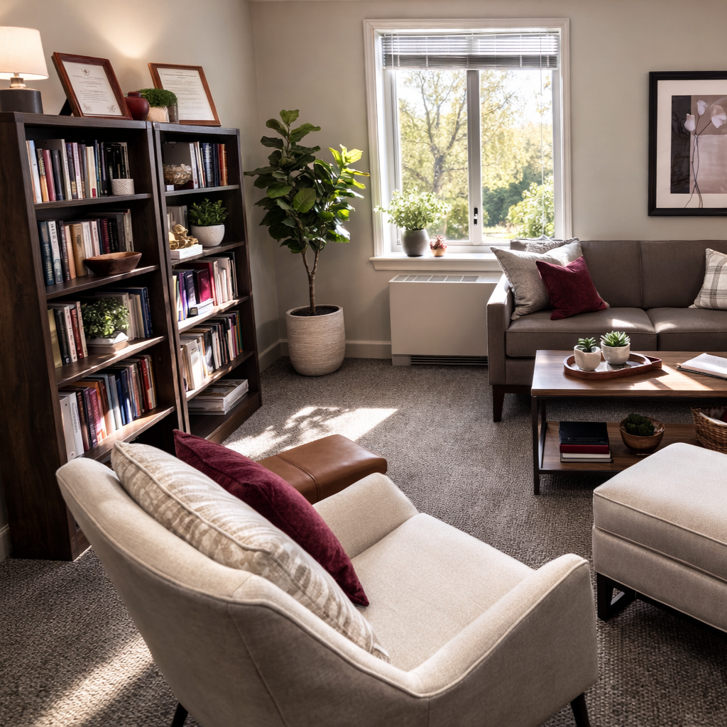 An light and welcoming space with a chair and bookcase invites therapy clients to browse addition mental health resources to guide them through their personal journey.