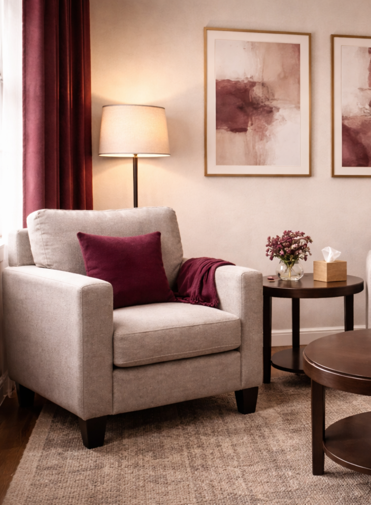 A chair sits against a neutral colored space with a soft glowing lamp to help build the strength for lasting change through trauma-informed therapy.