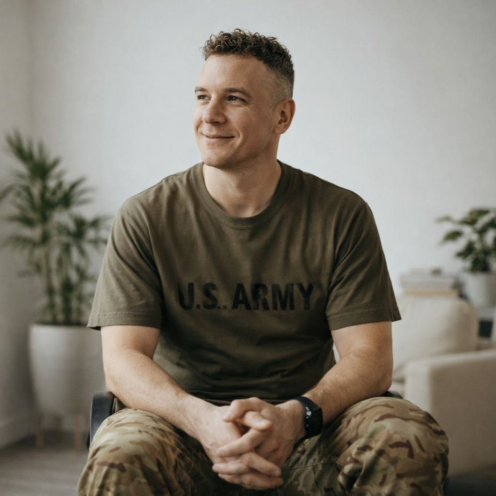 Man in military uniform sits in individual therapy looking out window at Brickel & Associates.