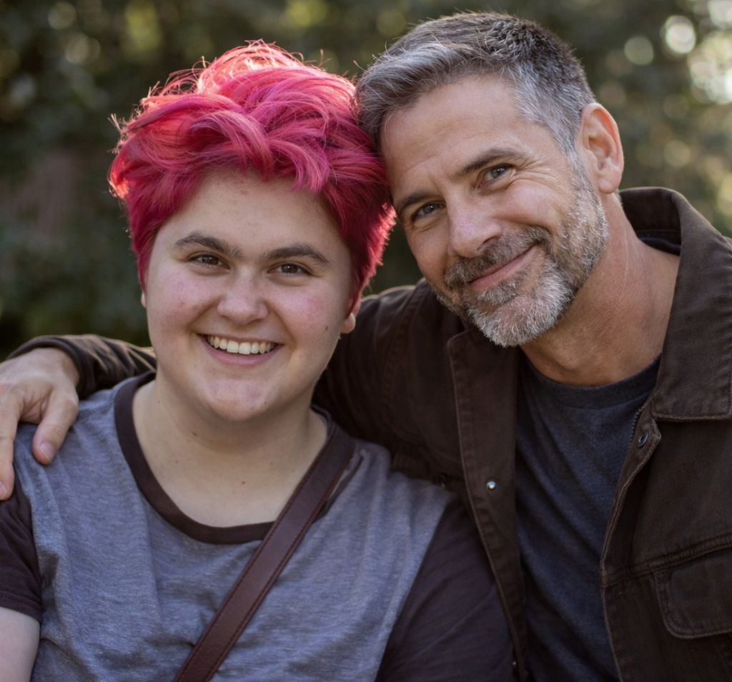 Dad puts his hand around shoulder of transgender son in support after receiving family therapy.