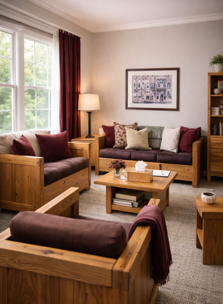 A large therapy room floods with natural light offering a safe space for understanding and encouragement through Strengths-Based Therapy
